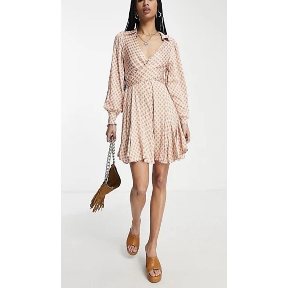Free People Womens Sz S Ivory Orange Teal Geo Wrap Mini Dress Open Back NWT - Picture 6 of 15